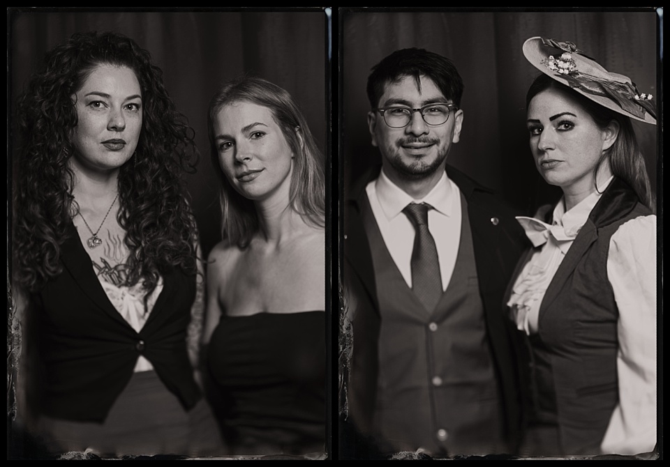 murder mystery party tintype photobooth portraits of dressed up couples