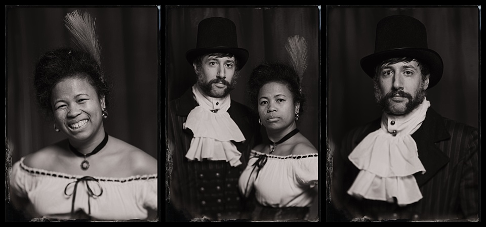 murder mystery party tintype photobooth tryptic of couple dressed up with a frilly shirt and a feather in her hair