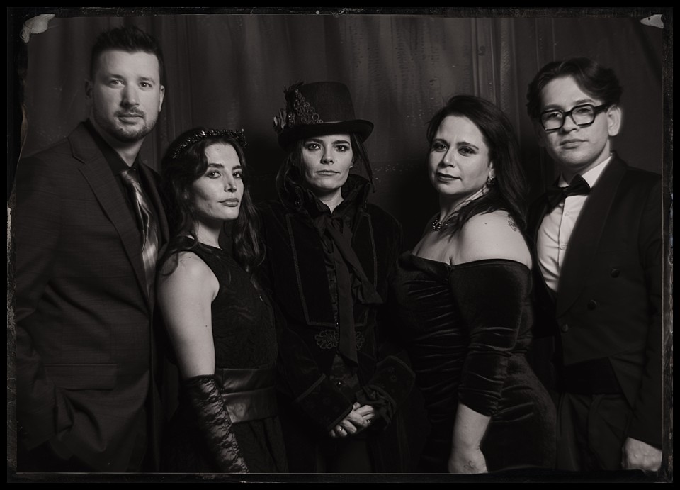 murder mystery party tintype photobooth group portrait of five