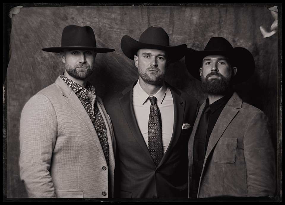 caribou club wedding welcome party tintypes in aspen group portrait of 3 men