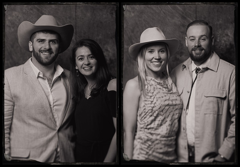 caribou club wedding welcome party tintypes in aspen portraits of couples in bright western wear