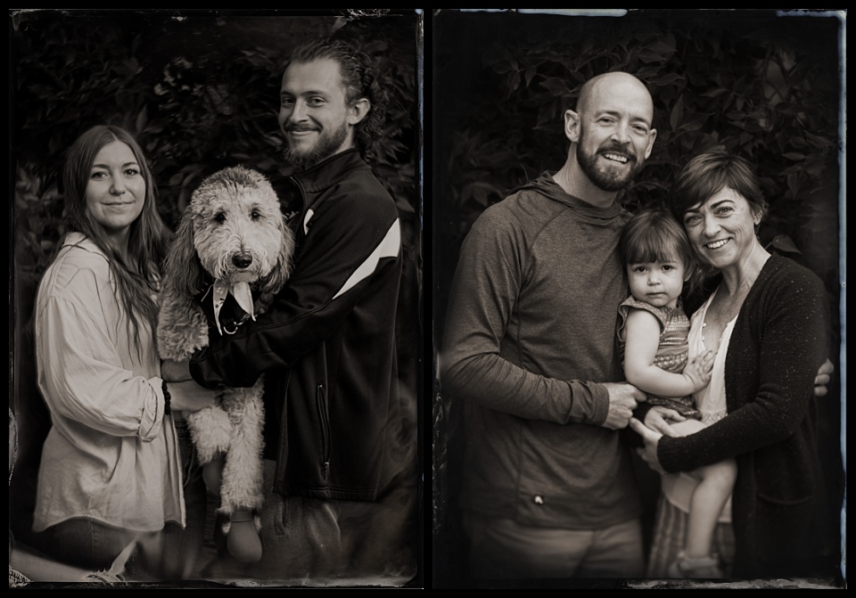tintype of a family and their furr baby dog