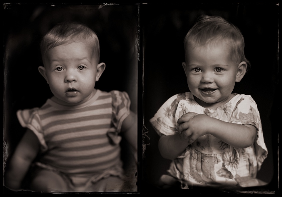 tintype of two toddler girls portraits