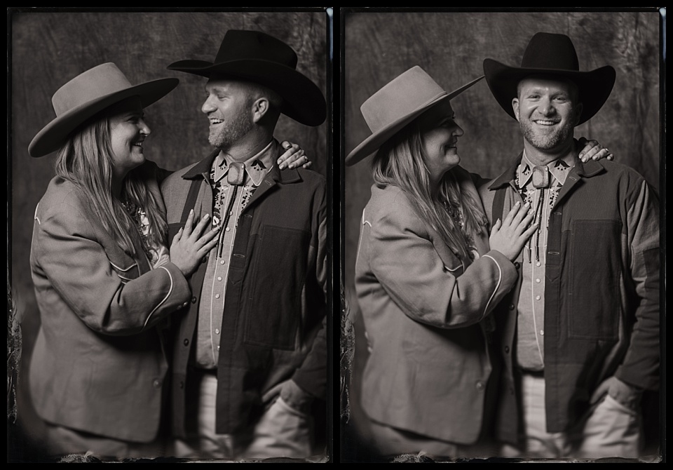 devils thumb ranch wedding tintype photobooth bride and groom laughing together