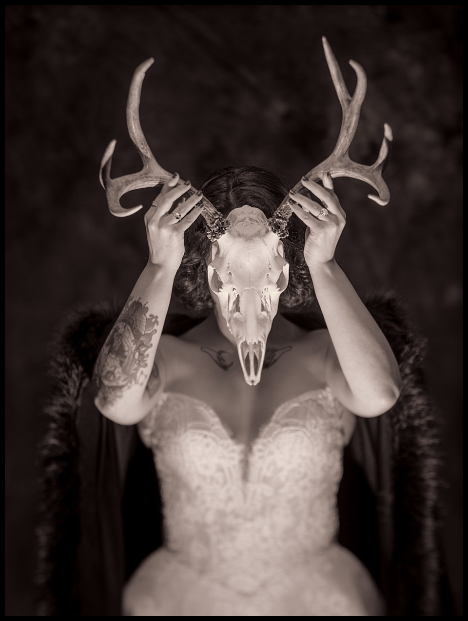 private gothic tintype session bride with deer skull