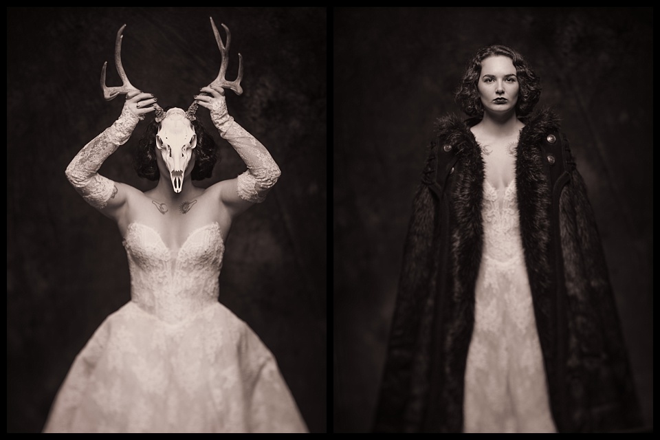 tintype of bride with deer skull and large fur coat stark gothic nature