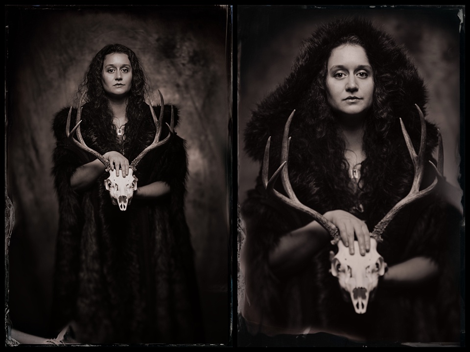 gothic woman in fur cloak with deer skull
