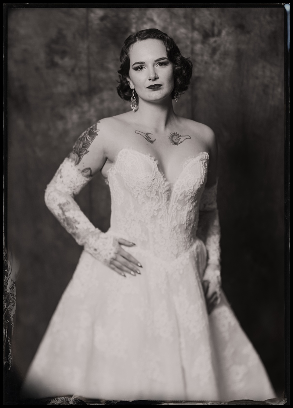 greenbriar inn wedding tintype photobooth portrait of alternative bride with tattoos
