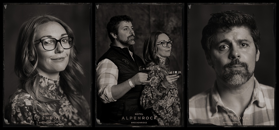 hotel alpenrock grand opening tintype photobooth couple posing separately and together with drinks