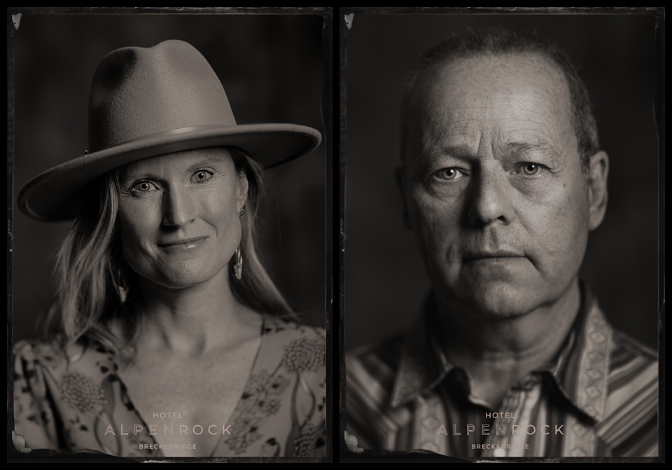 hotel alpenrock grand opening tintype photobooth portrait of a man and woman in a hat and flower dress