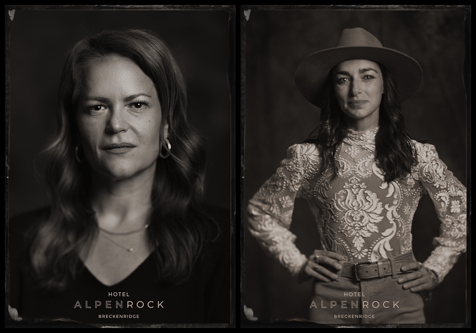 hotel alpenrock grand opening tintype photobooth portraits of two women one in a fantastic lace western damask pattern