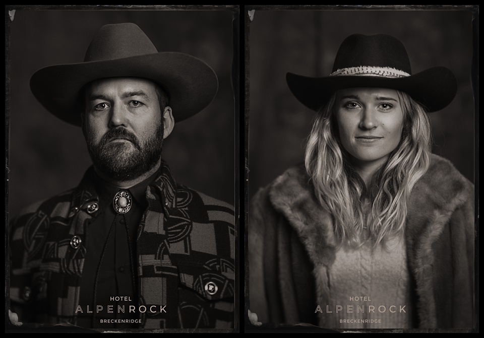 hotel alpenrock grand opening tintype photobooth woman and man both in cowboy hats looking awesome