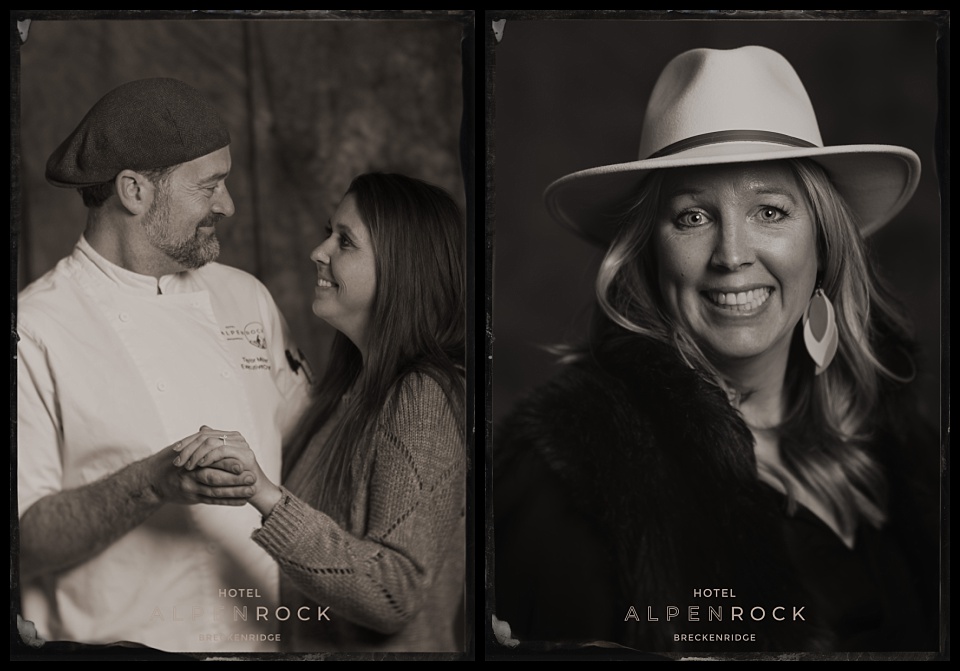 hotel alpenrock grand opening tintype photobooth portraits of head chef and his wife and a woman in a hat