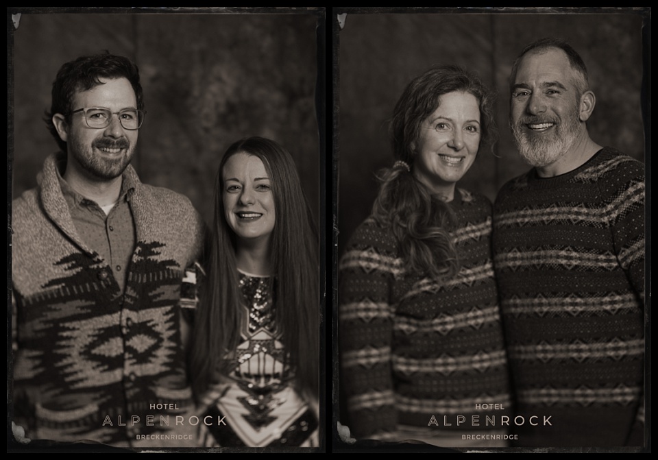 hotel alpenrock grand opening tintype photobooth two portraits of couples wearing matching sweaters and another with large patterns