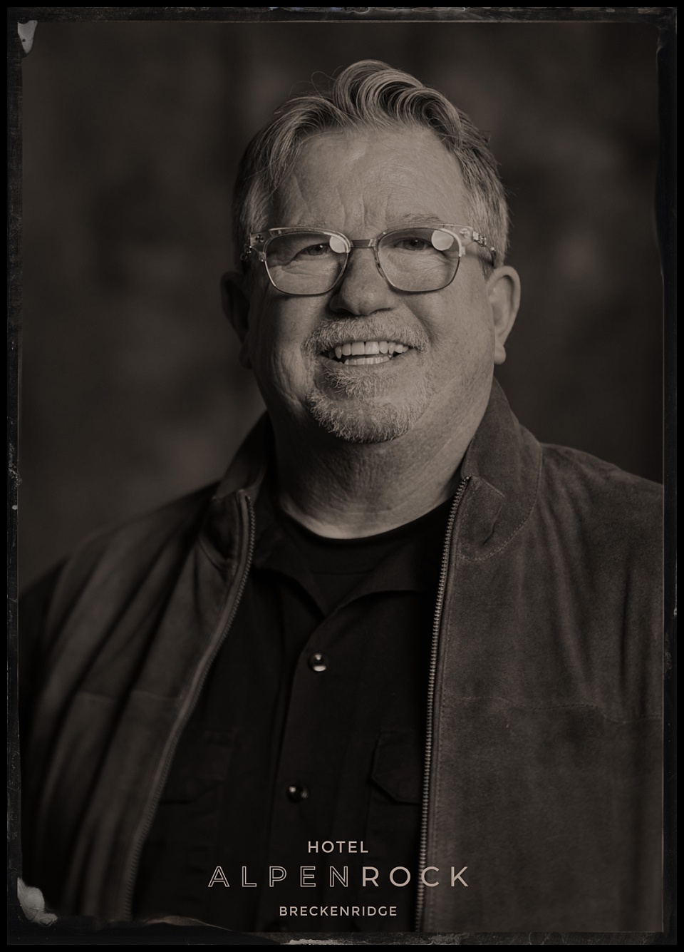 hotel alpenrock grand opening tintype photobooth portrait of a man in a jacket