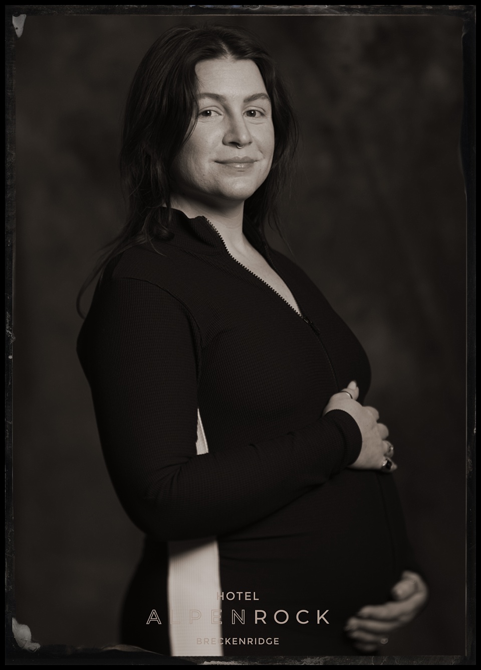 hotel alpenrock grand opening tintype photobooth portrait of a pregnant woman