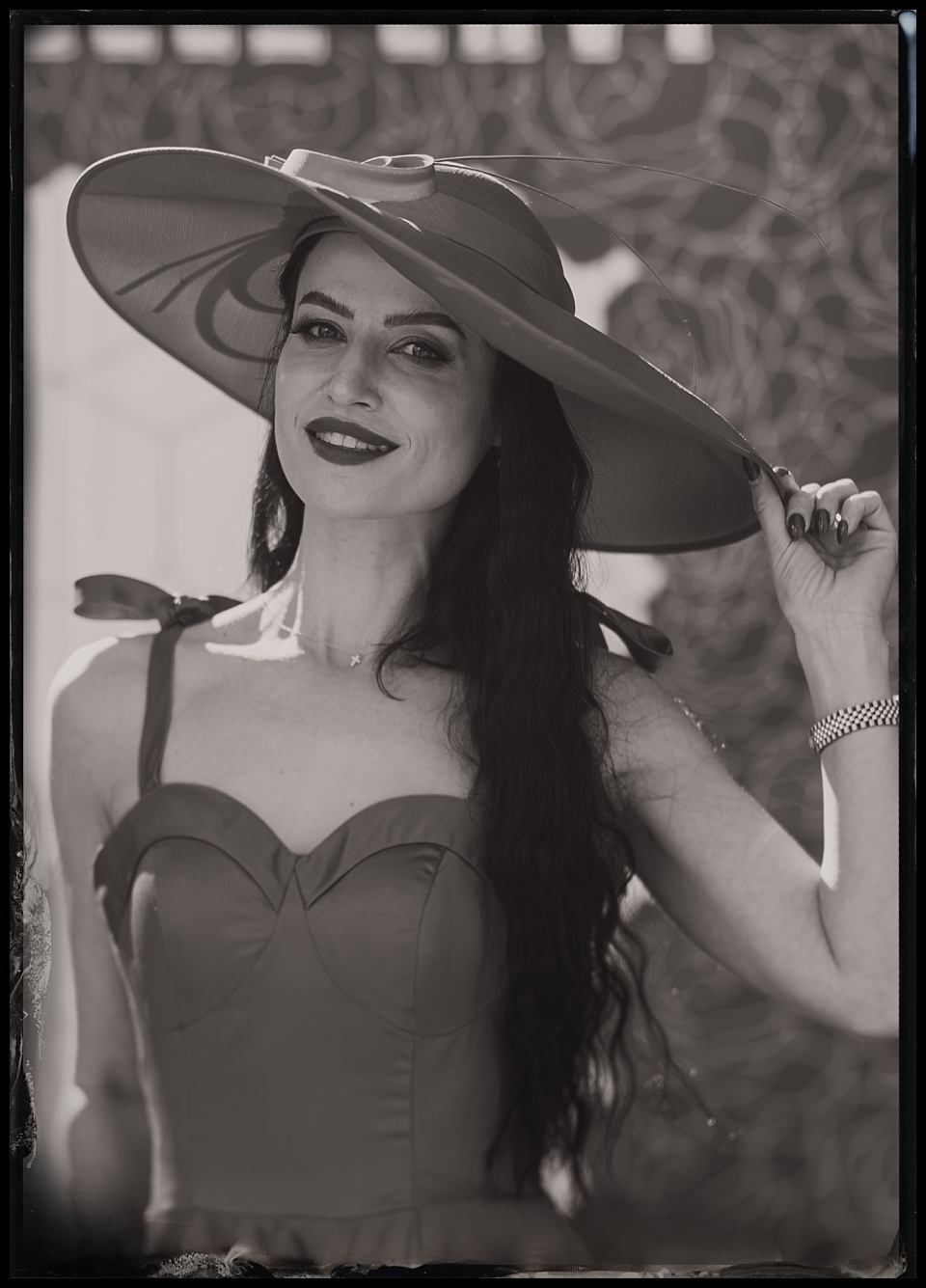 tintype of woman in red dress and hat at a kentucky derby party four seasons denver