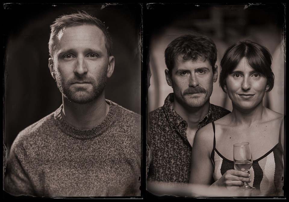laws whiskey house gargoyles party tintypes portrait of a man in sweater and a couple holding a tasting glass