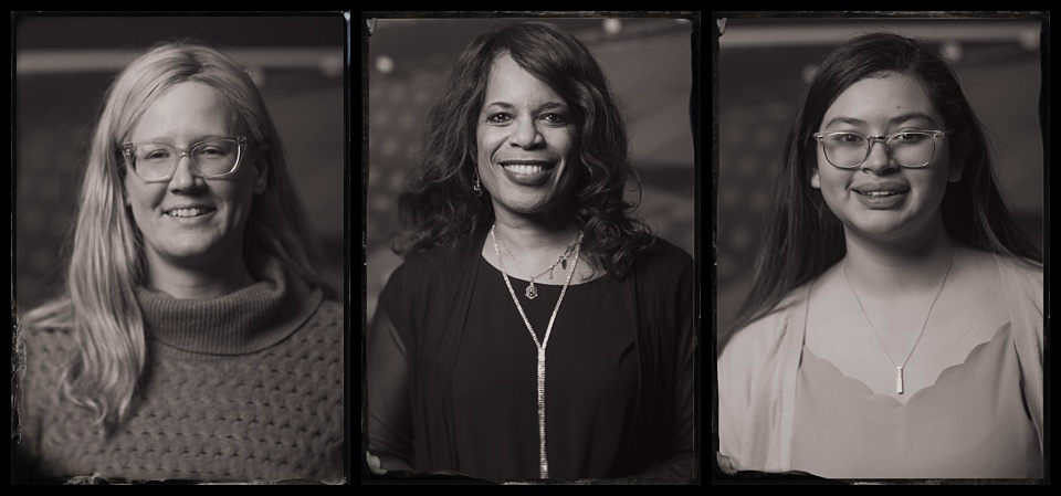 tintype photobooth portraits of 3 women