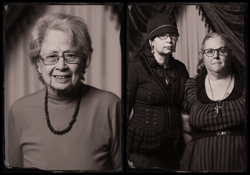 two tintype potraits, one of a 90 year old woman and another of a couple in victorial dresses