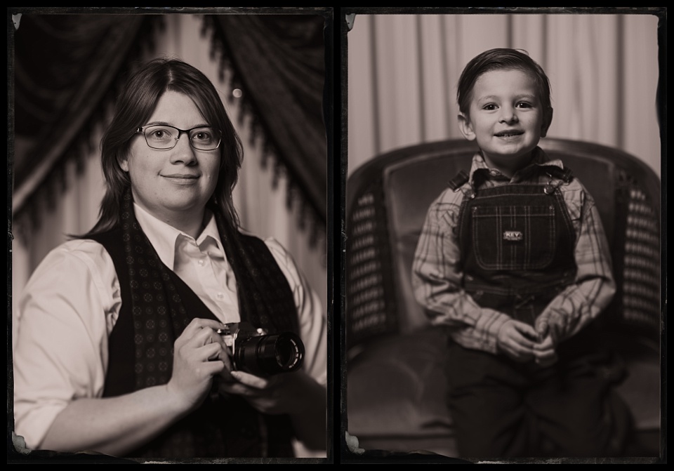 tintypes of a woman holding a film camera and a little boy
