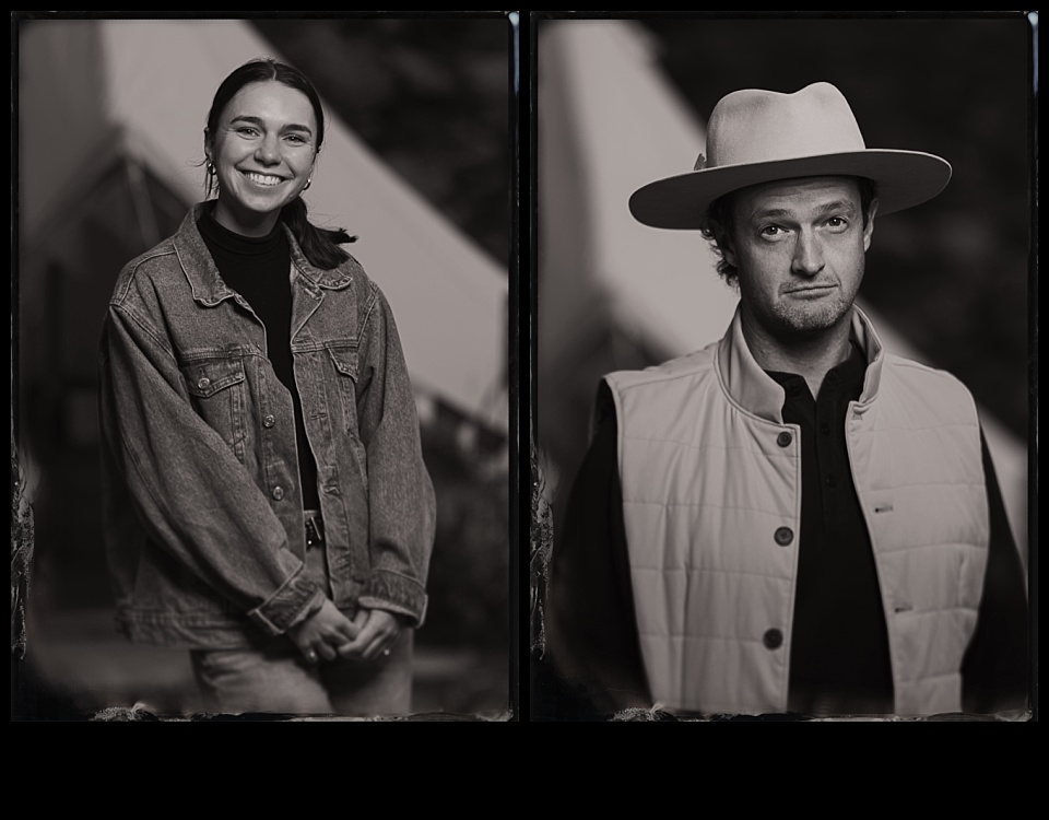 WIPA glamp gather party tintype photobooth woman in a jean jacket and a man in a felt cowboy hat